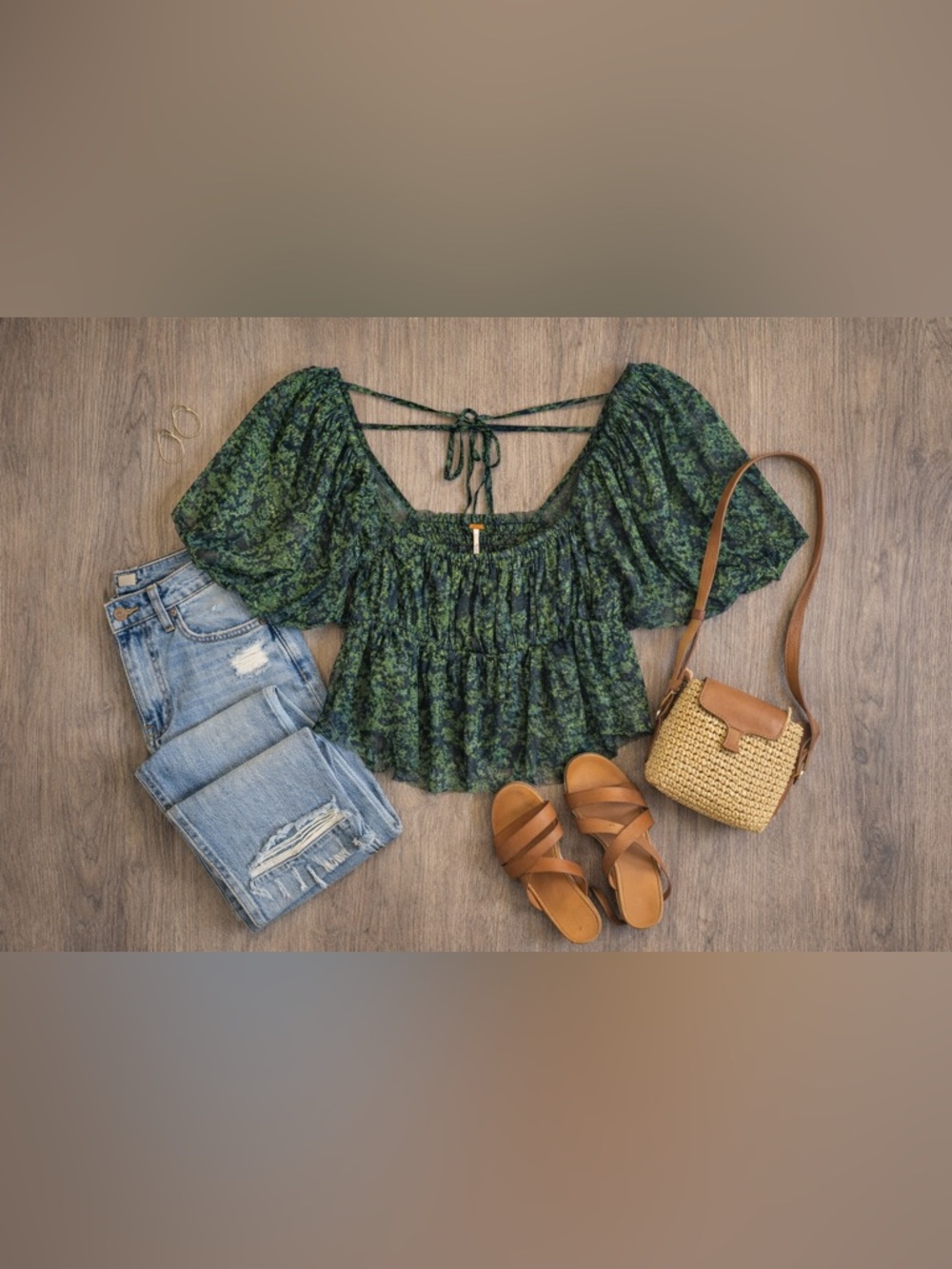 Free People Smocked Puff Sleeve XS Green Sheer Ruffle Peasant Boho Blouse